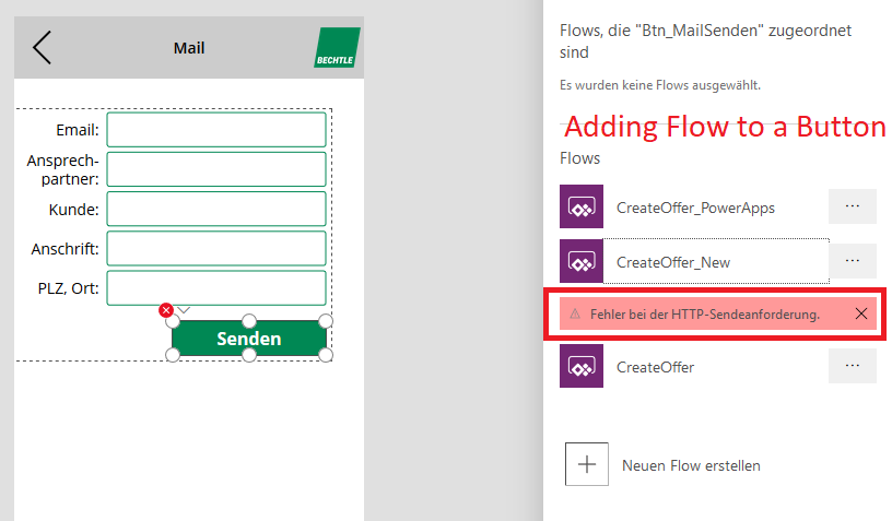 "Failed during HTTP-Sendrequest" when adding Flow to a Button