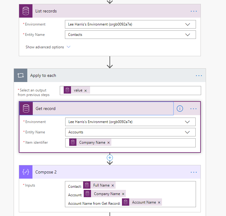 Flow setup with List action and Get Record action