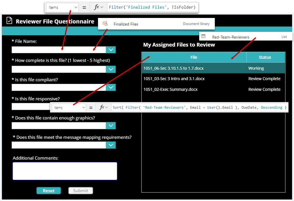 Power App GUI With Overlays Explaining Data Sources and Filtering