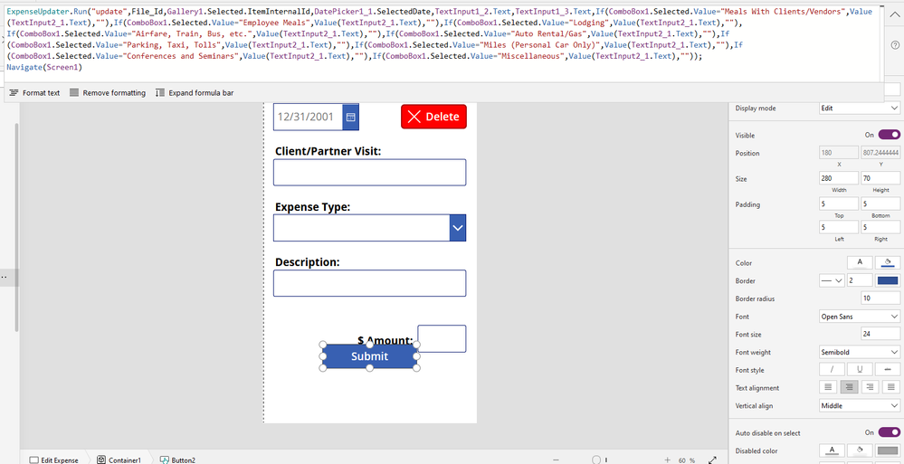 Run expression is correct, with 14 parameters. Powerapps does not register any error with this expression, and does not throw an error at runtime when triggering the Flow.