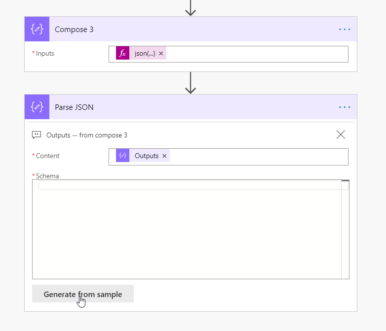 Add a Parse JSON shape -- use outputs from the JSON Compose -- Click Generate Sample JSON