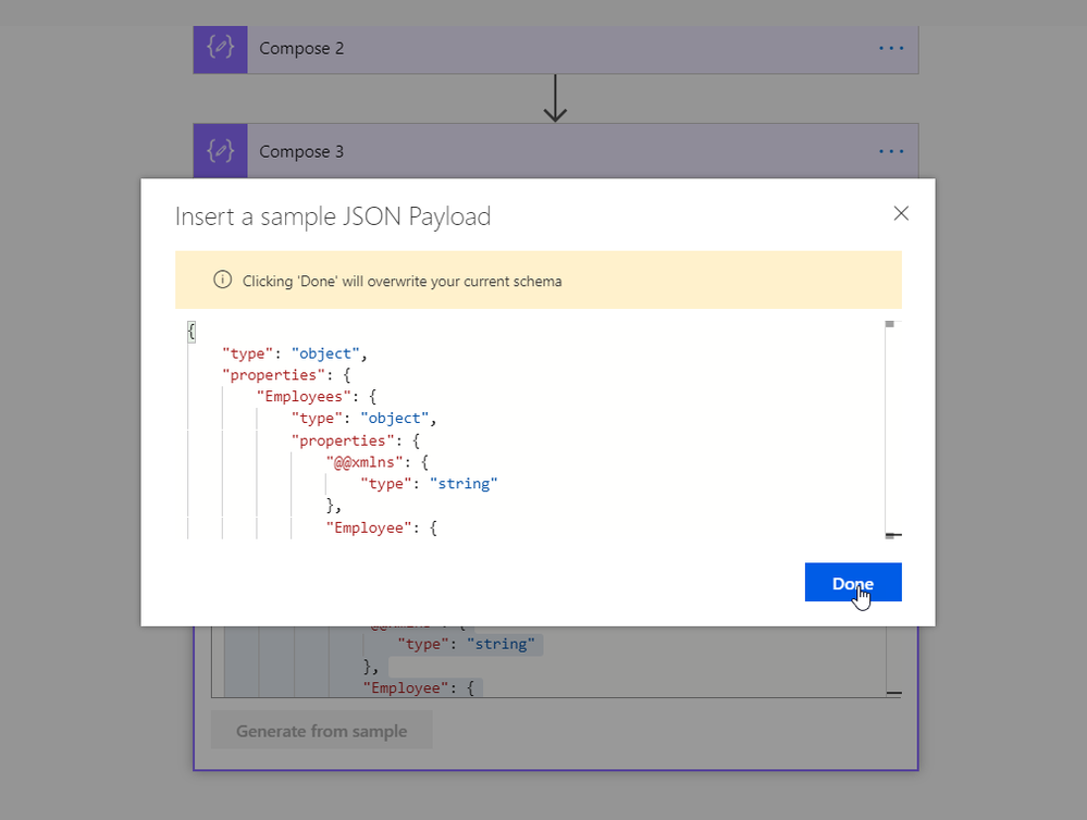 Paste the sampled JSON that you copied from the successful run. Click Done