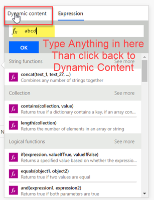 Type anything, this is to keep us in Expression mode when we switch back to Dynamic Content tab