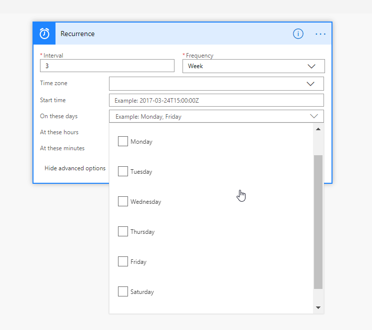 Select Week as Frequency > than Show Advanced Options