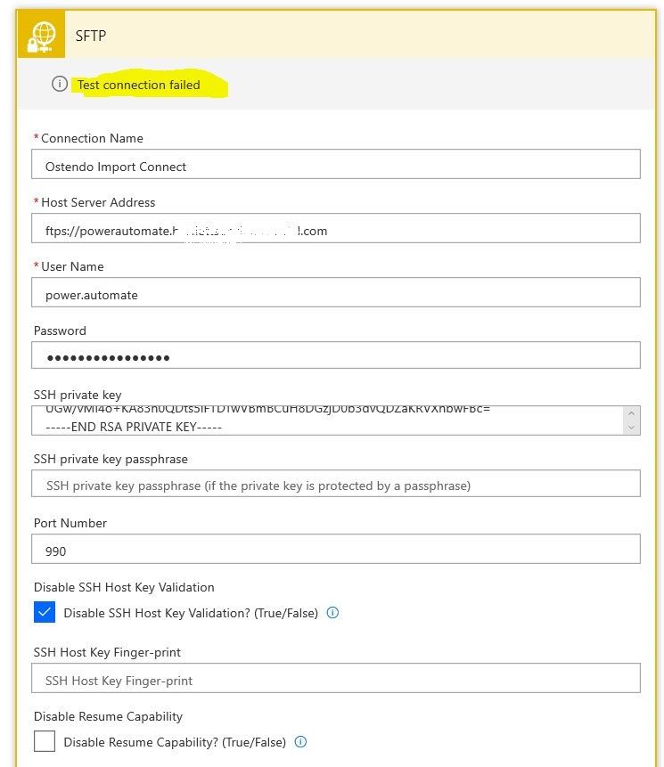 sftp sonnection settings