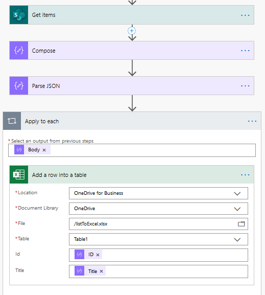 list to excel flow