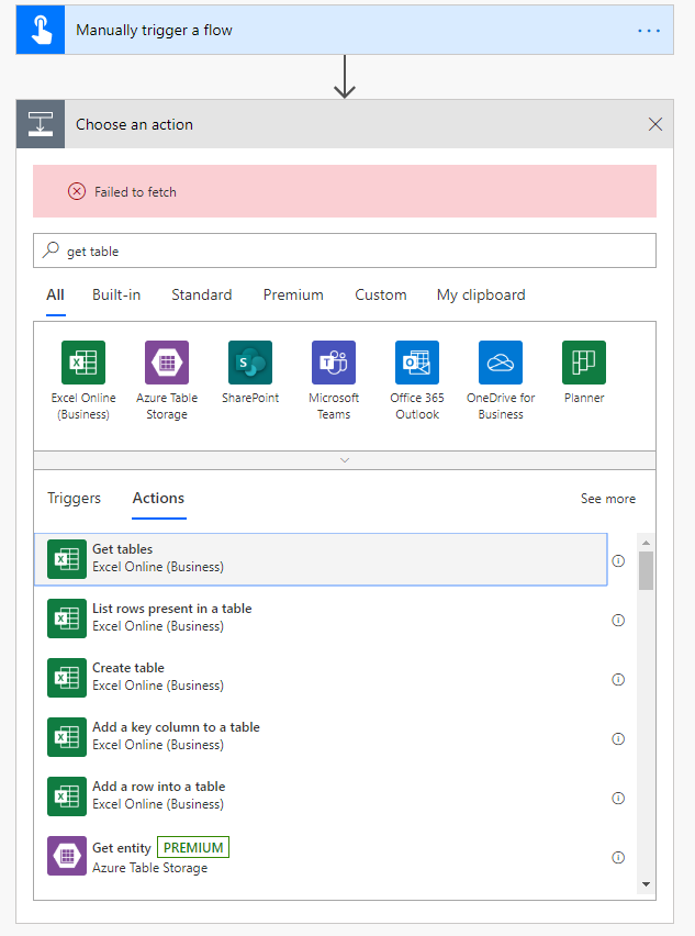 'Failed to fetch' error generated from test add new action to blank flow (same for SharePoint or Excel connection)