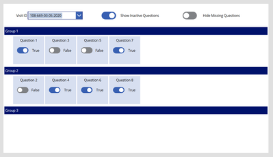 Formatted per Group, and Question. Showing Questions which might be inactive, hiding questions which don't exist for Visit.