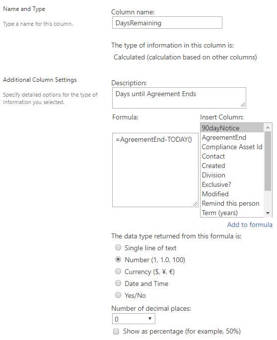 DaysRemaining column settings.  AgreementEnd is a dated column.