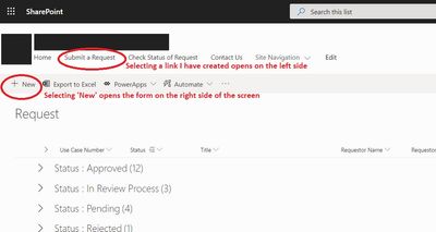 Showing my sharepoint site with the two methods for opening the form