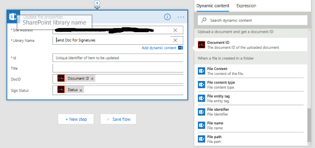 All File properties are available as Dynamic content in the Library Name field