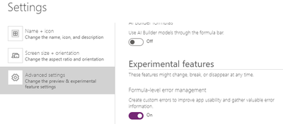 PowerApps Experimental Features.PNG