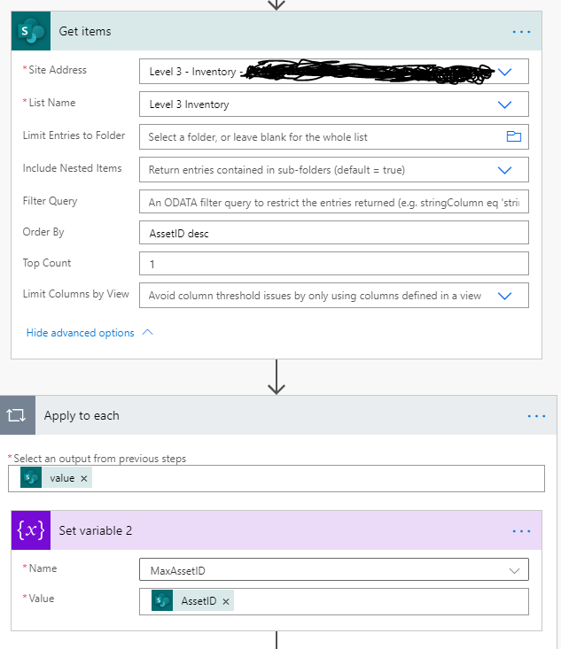 Here I am getting the largest value from the AssetID column in my list and then trying to set that "String"  value into the MaxAssetID variable, but don't know how to craft that as part of this "apply to each" action.
