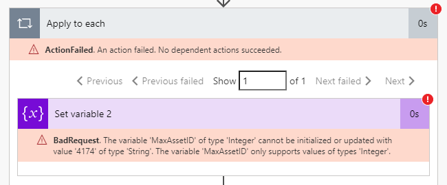 Here is the current failure message regarding incompatible String vs Integer types.  I need Integer moving forward to be able to increment the number by 1.