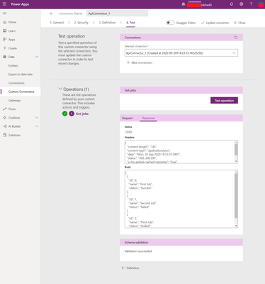 Successful Test from the Custom Connectors UI