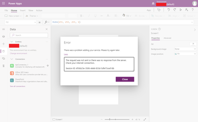 Error message on failure to add connection to new Power App