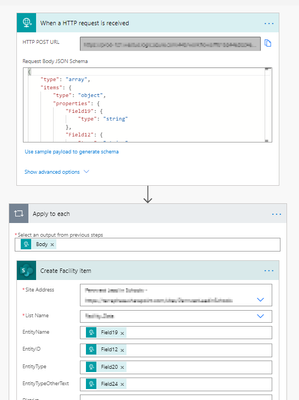 Start of the second flow. Generated json schema using a test output from the initial flow. Connected the HTTP trigger to the end of the first flow.