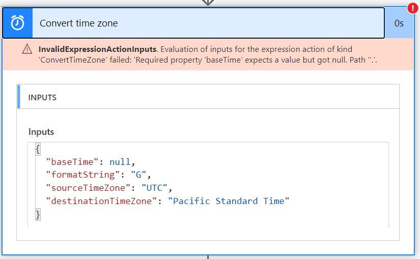 Error details from inside the Convert Time Zone card.