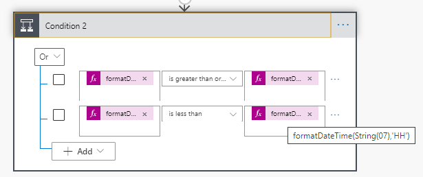 formatDateTime(body('Current_time'),'HH') >= formatDateTime(String(17),'HH') & formatDateTime(body('Current_time'),'HH') <= formatDateTime(String(07),'HH')