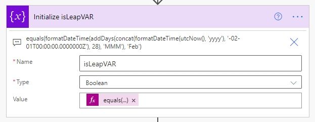 equals(formatDateTime(addDays(concat(formatDateTime(utcNow(), 'yyyy'), '-02-01T00:00:00.0000000Z'), 28), 'MMM'), 'Feb')