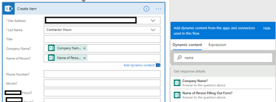 Company Name? and Name of Person? can be grabbed from the dynamic content under the Get response details section