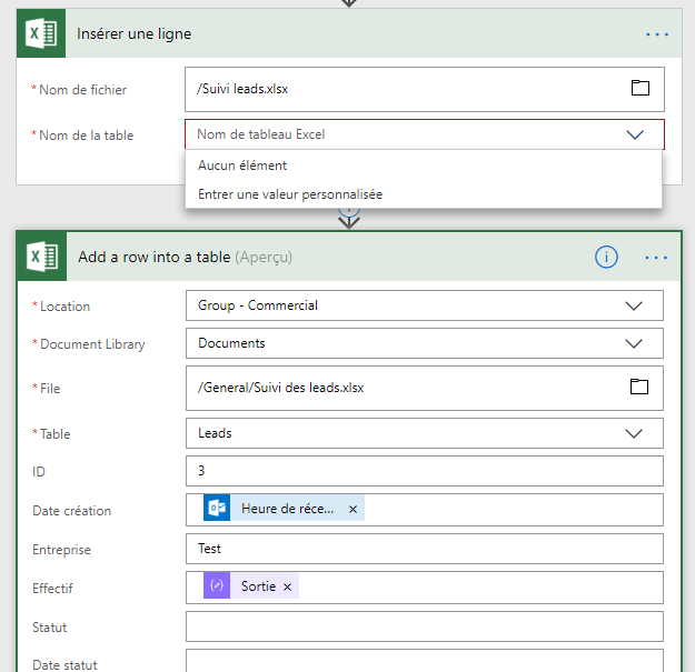 The 1st window above is when selecting Excel. The 2nd window (Add a row into table) is when choosing Excel Online Business