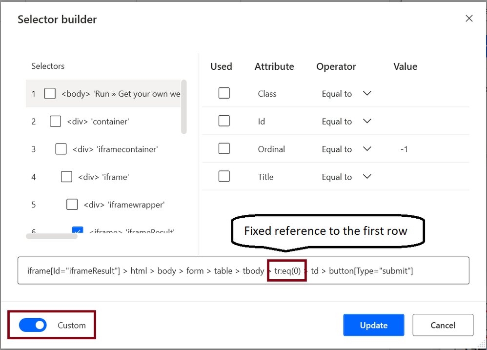 The default selector: eq() value is fixed and you want to change to a dynamic approach