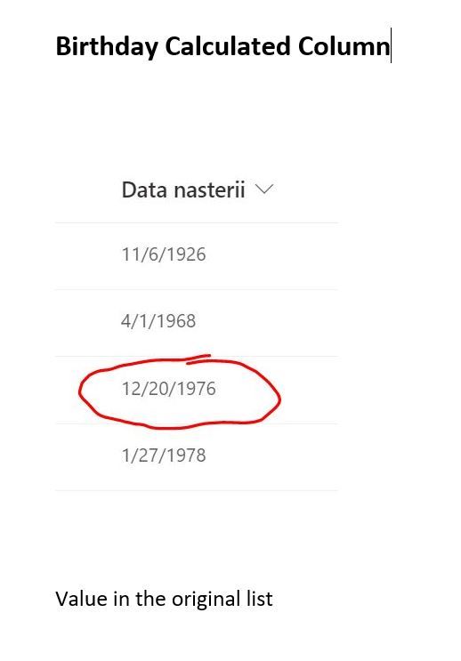Value of calculated Birthday in orginal list