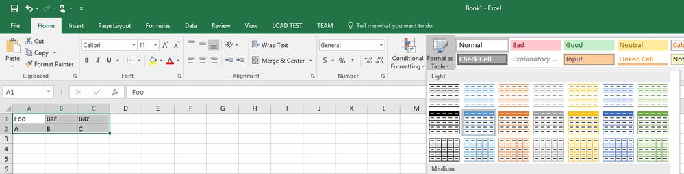 Creating a table in Excel