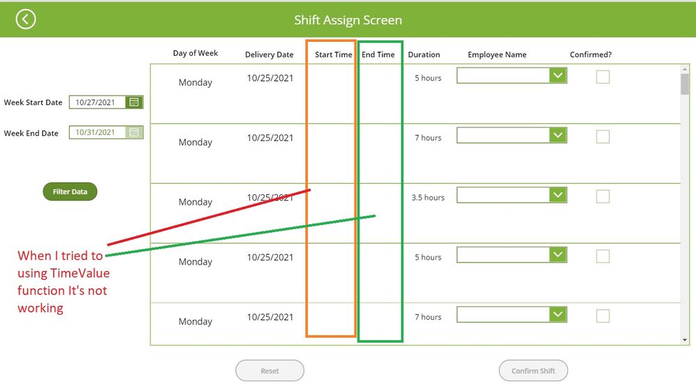 ShiftStartTime And ShiftEndTime data not showing or not pulling from SQL table when I'm using TimeValue() function or  some related  time function