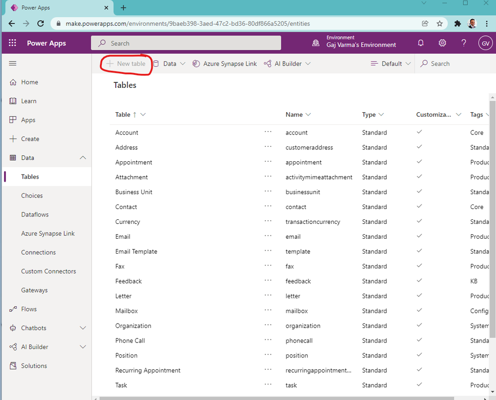 'New Table' option disabled.