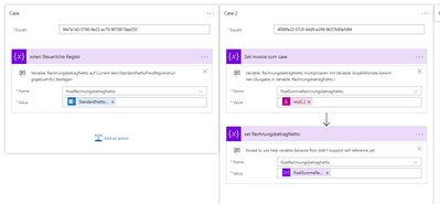 Each case either assigns value form body (get_items) or has a calculation and assigns the value. The variable used is always the same: floatRechnungsnummerBetrag. (german)