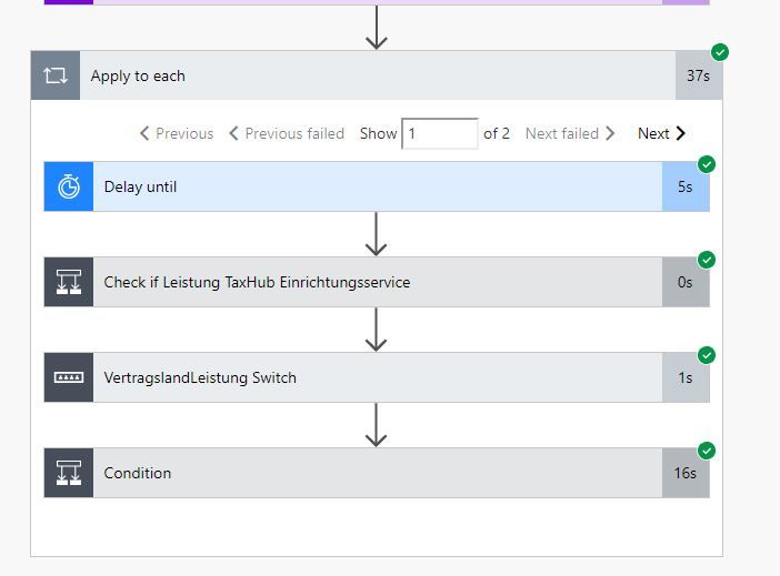 Apply2Each: 2 items are inside, delay is 4 sec, does not have to be in, as I was trying to find the cause. First condition no influence. In the Switch is where the variable is set, so each time a value is found, here 2 times.