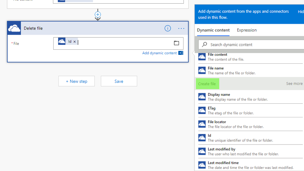 Dynamic content from the original Create file step