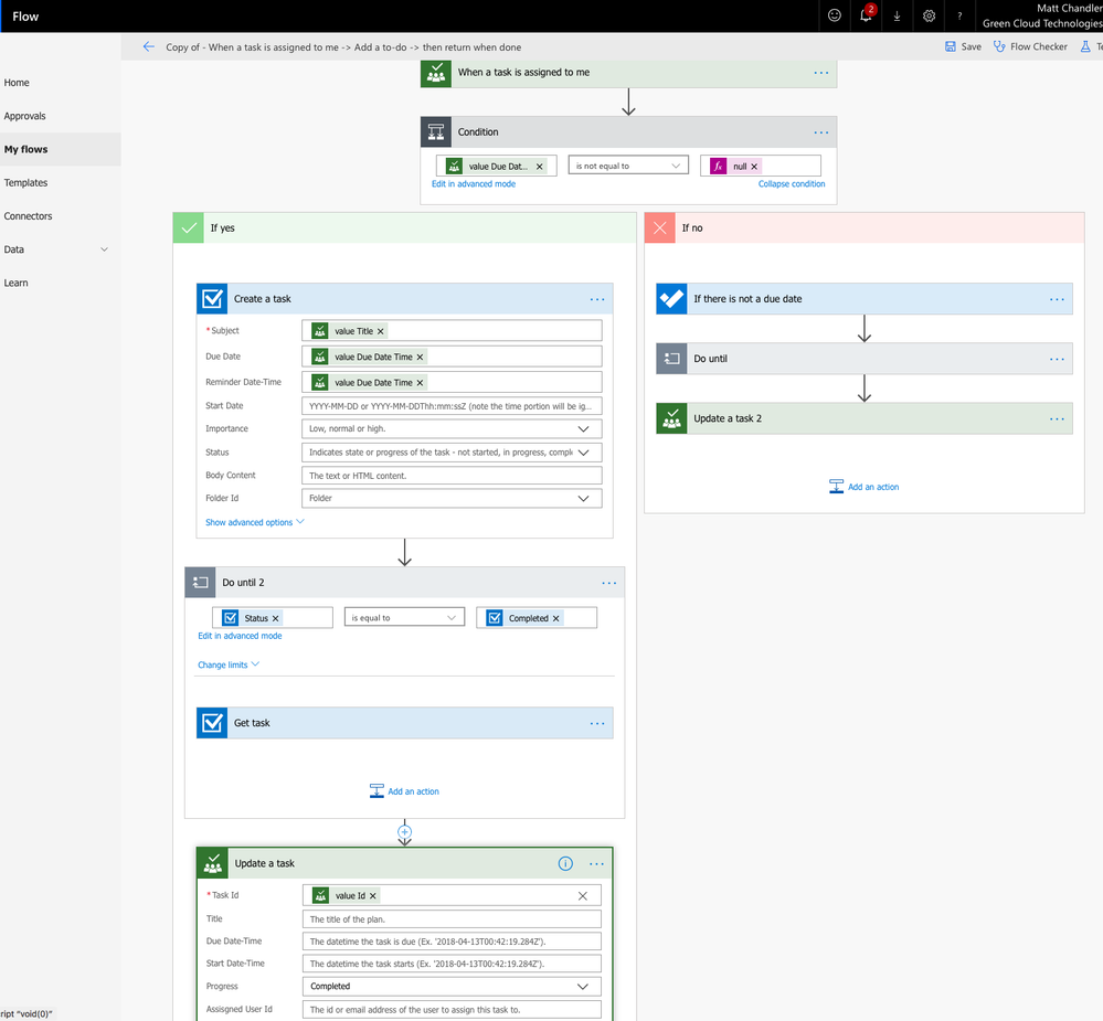 Current set up that Creates a task, but then marks the planner item complete.