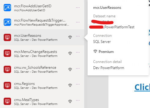 3) Canvas App showing 5 different SQL connections using the same environment SQL Connection