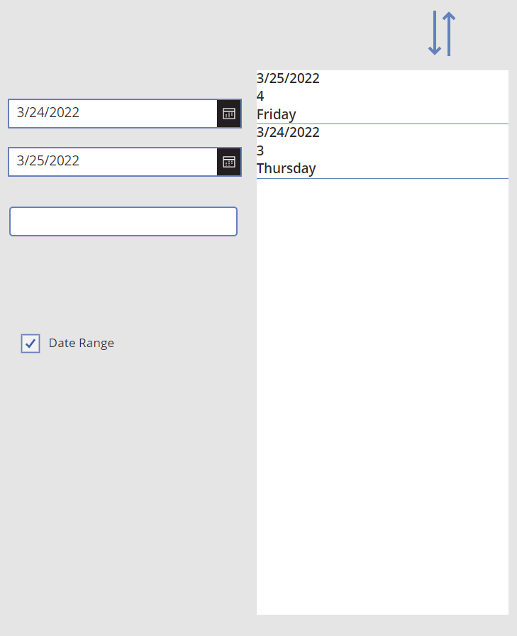 Date Range Selected, No Text Limiter, Sort Direction Reversed