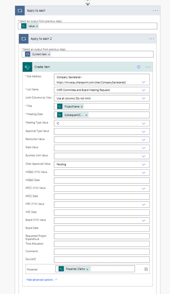 Create Item with dynamic content entered into "Presenter" field.