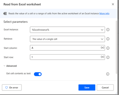 Read from excel action details