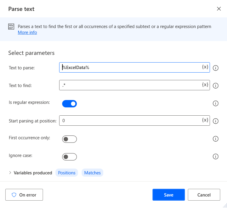 Parse Text action details