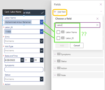 'Labor Name' & 'Labor ID' are still appearing in the "Add Field" List even though they're already added to the form