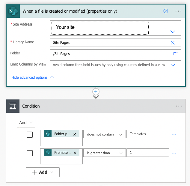 Power Automate screenshot showing how to determine when a news item in Sharepoint has published