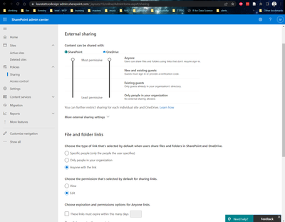 sharepoint admin center shows external sharing set to anyone