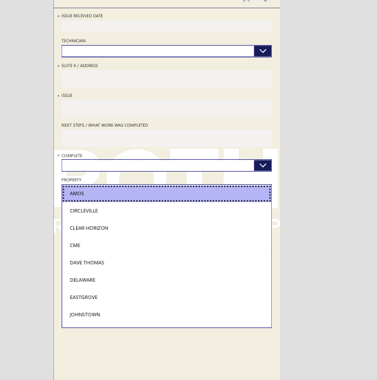 I want the search icon to be able to search through the yes forms by these property selections above from screen 1 form