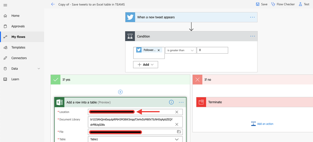 The Flow as I am editing it, and the Location field I am entering data into.