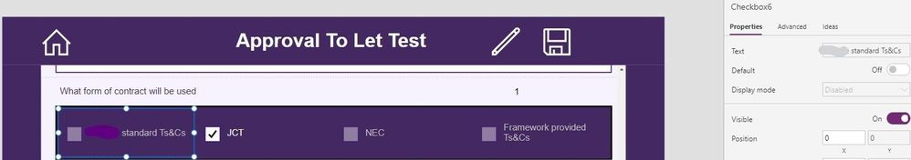 Figure 3: The test notice the default property remains Off . if the selected value is not the first checkbox