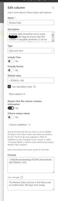 The Review Date column settings