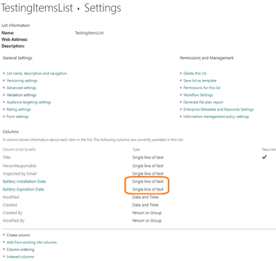 Example SharePoint List Settings