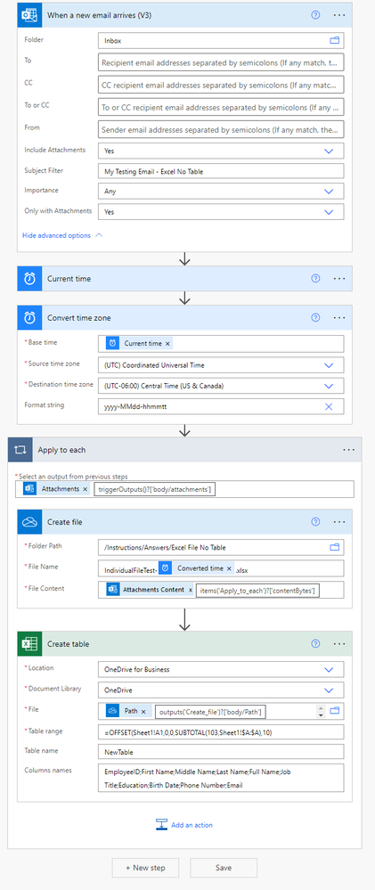 Flow Steps Detail to Create File from Attachment and Create Table