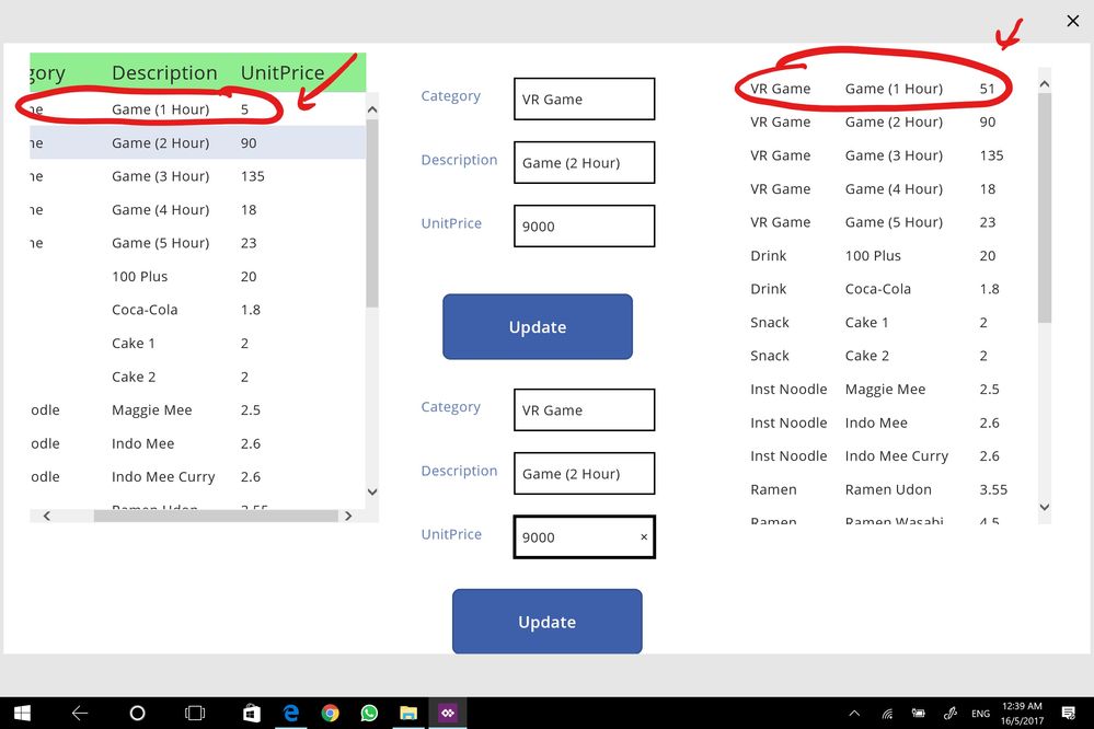 Left (Data Tabel) UnitPrice = 5 vs Right (Gallery) UnitPrice = 51